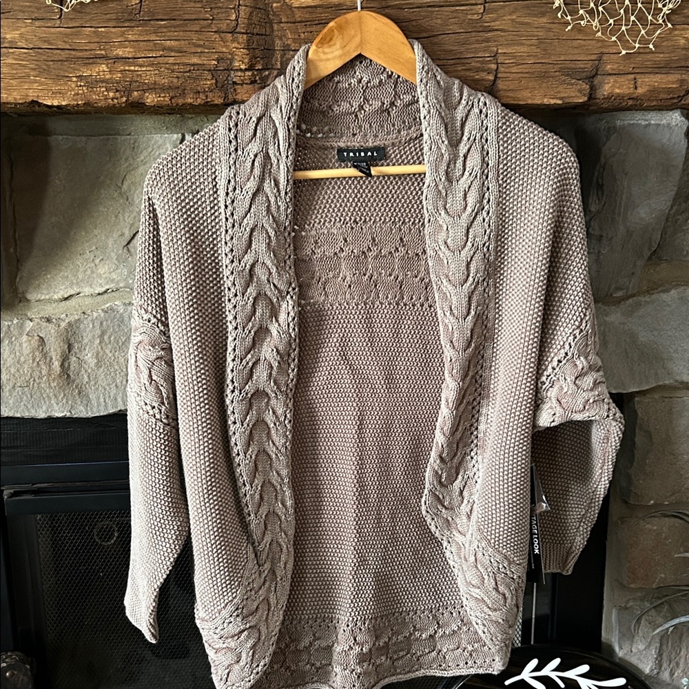 Tribal Taupe Cable-Trim Open-Front Cardigan